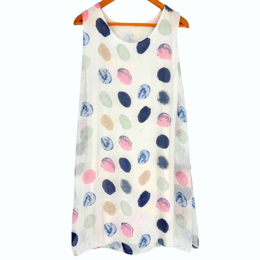 Gigi Moda Italy Silk Blend Watercolor Polka Dot Shift Dress White Pastel  L Mod